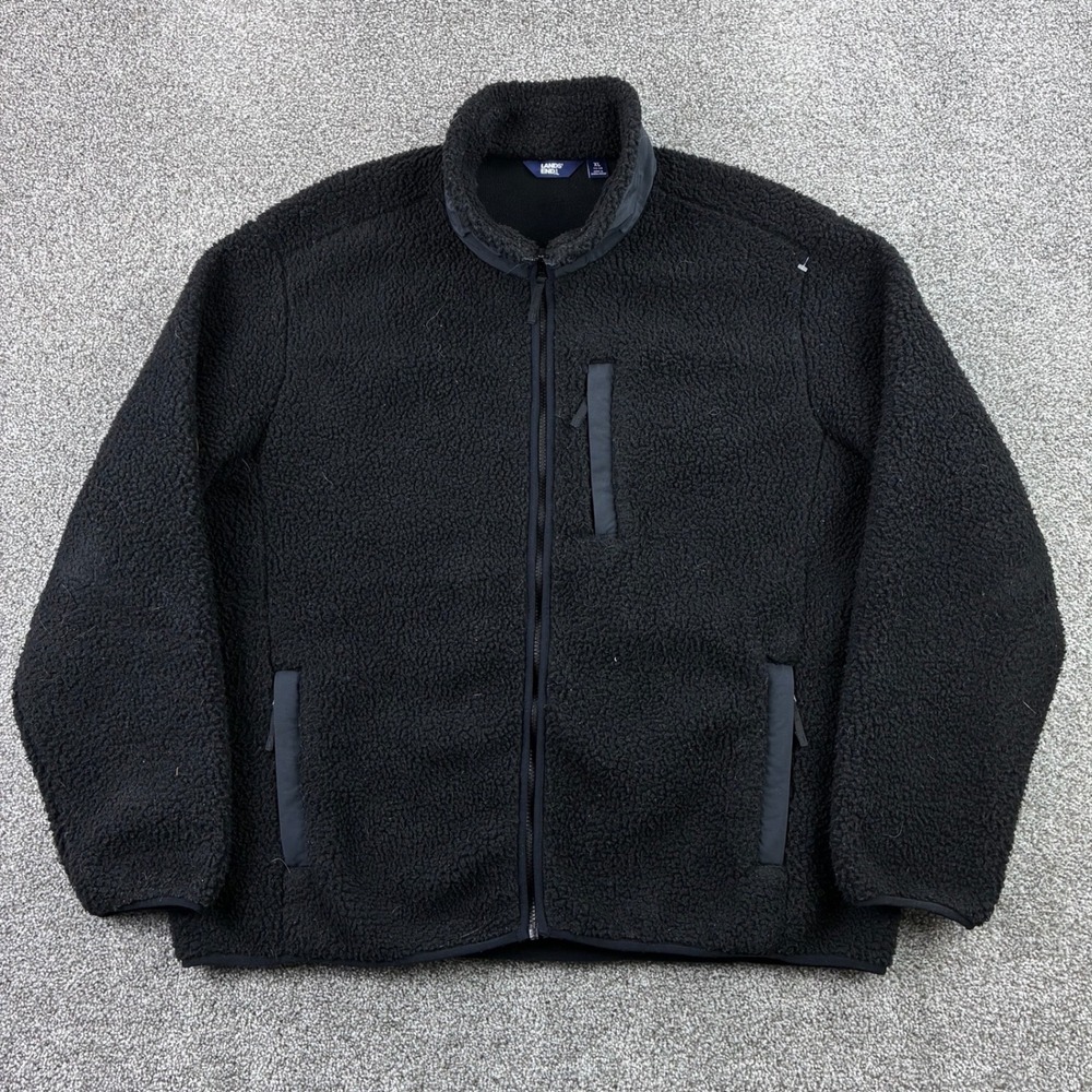 Lands End Sherpa Jacket Mens XL Black Fleece Full Zip Mock Neck‎ Deep Pile Retro